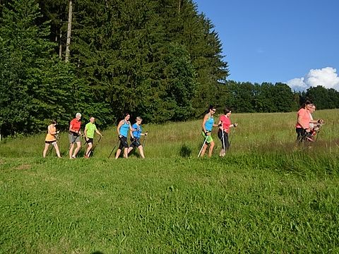 Truppe mit Nordic Walking-Stöcken unterwegs in der Urlaubsregion